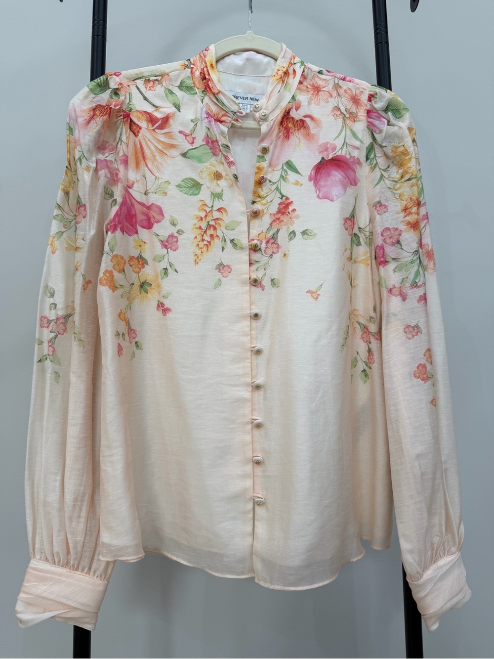 Forever New Cream Floral Puff-Sleeve Button Blouse